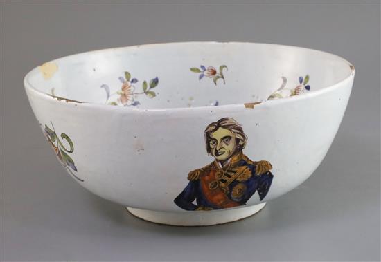 Lord Admiral Nelson. A commemorative Delftware punch bowl, 19th century, D. 30cm, splinter chip to edge